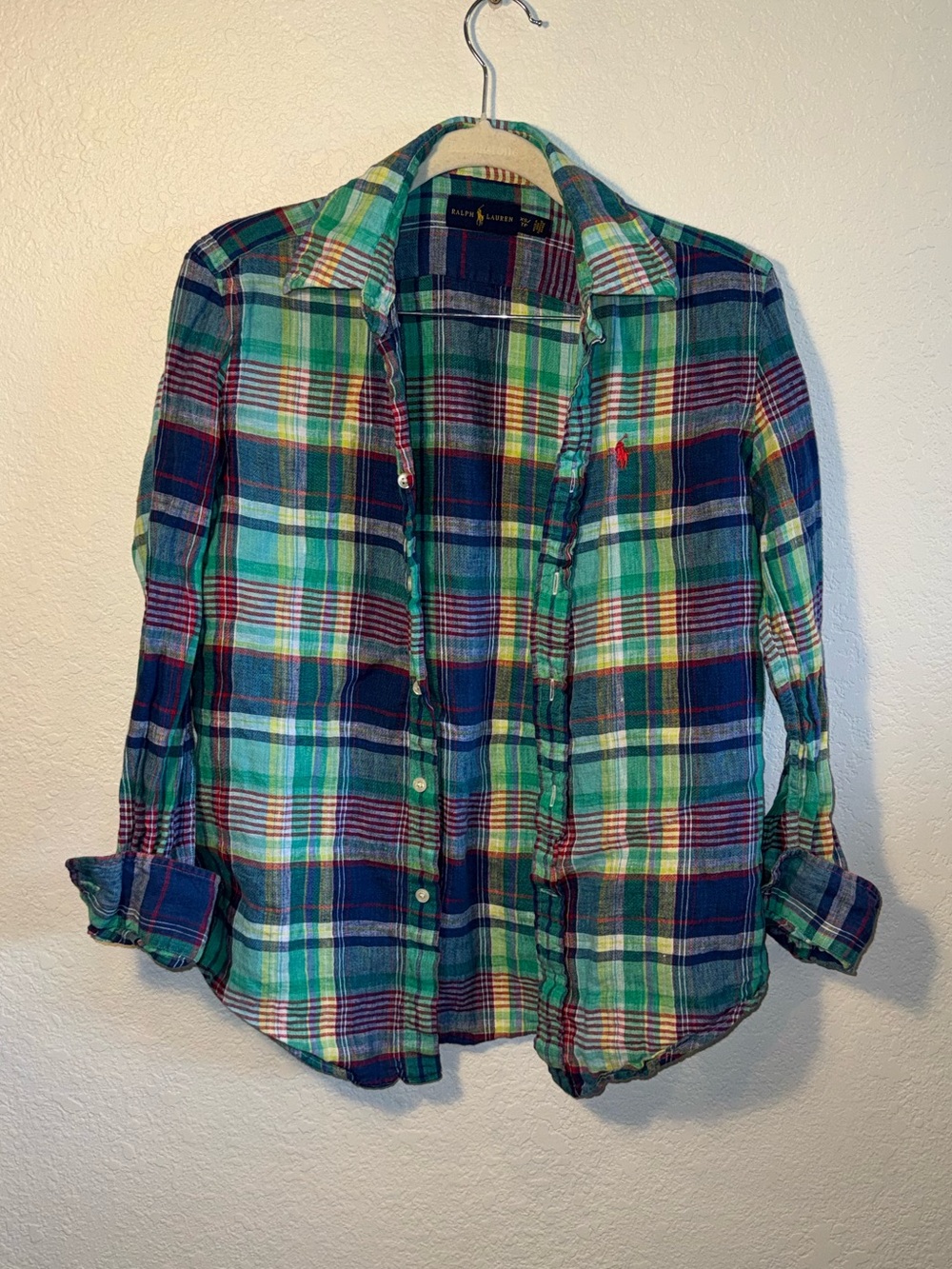 Ralph Lauren Blue & Green Plaid Print 100% Linen Preppy Button Down Shirt XS